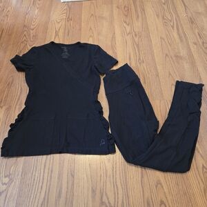 Jaanuu Black Scrub Set Stretchy Knit Ruched Pockets Esthetician Nurse Scrubs XS